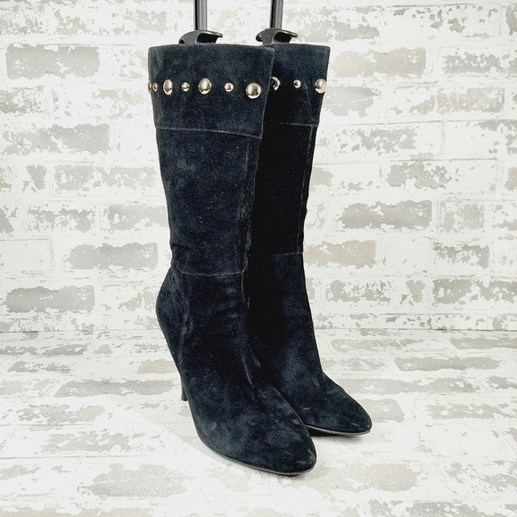 Guess Black Leather Side Zip Suede Heels Mid-Calf Boots F914 - Picture 4 of 14